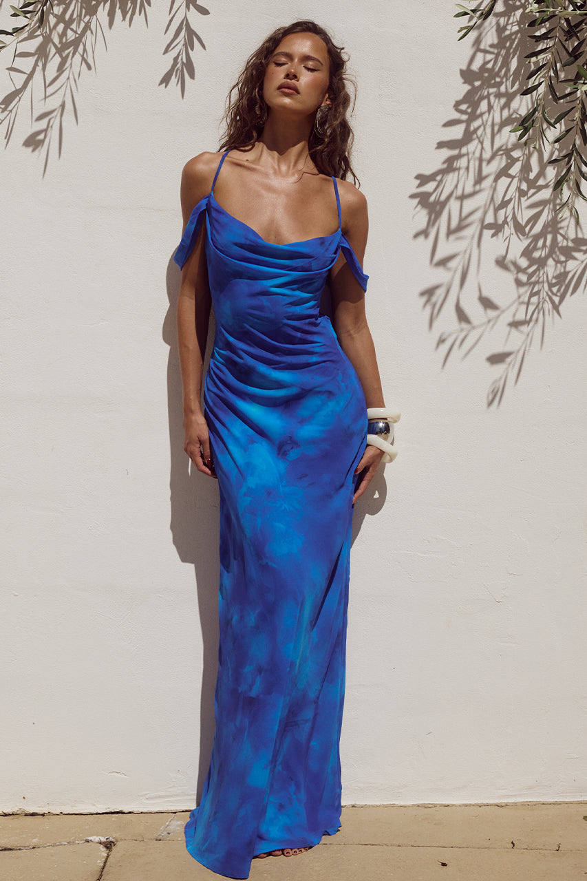 runaway the label blue dress LAVONI CROSS BACK MAXI Long a-line chiffon wedding dresses Fully lined One-Shoulder Sequin Fringe Party Size:Personalized Size