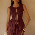 FLEUR SHIRRED TIE FRONT TOP - CHOCOLATE
