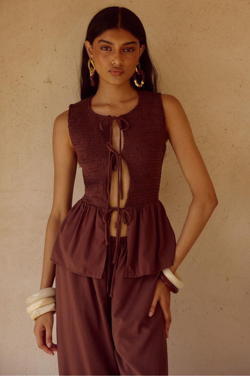 FLEUR SHIRRED TIE FRONT TOP - CHOCOLATE XXL - 2_64e97af1-3d60-47c3-bfe7-0f9c2d48d7f0