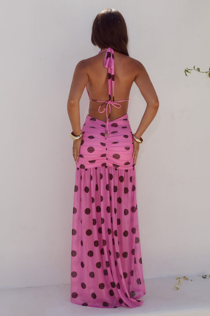 ADRIANNA PLUNGE RUCHED MAXI DRESS - MUSK/CHOC POLKA