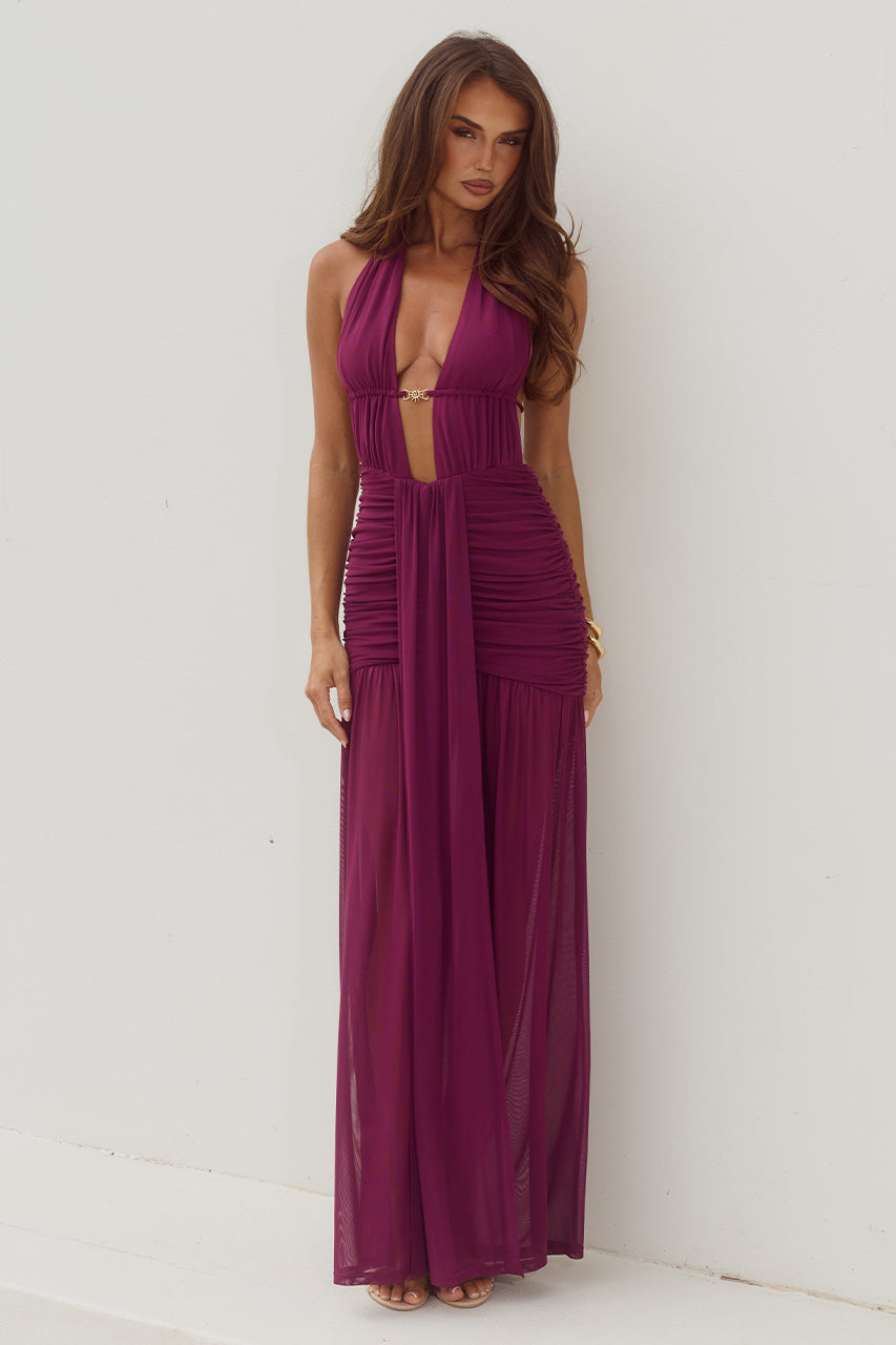ADRIANNA PLUNGE RUCHED MAXI DRESS - PLUM XXL - ADRIANNAPLUNGERUCHEDMAXIDRESS-PLUM