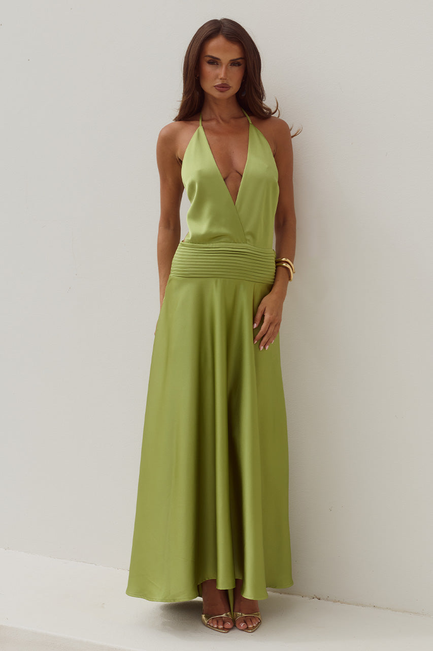 AMADINE DEEP V PLUNGE MAXI DRESS - OLIVE