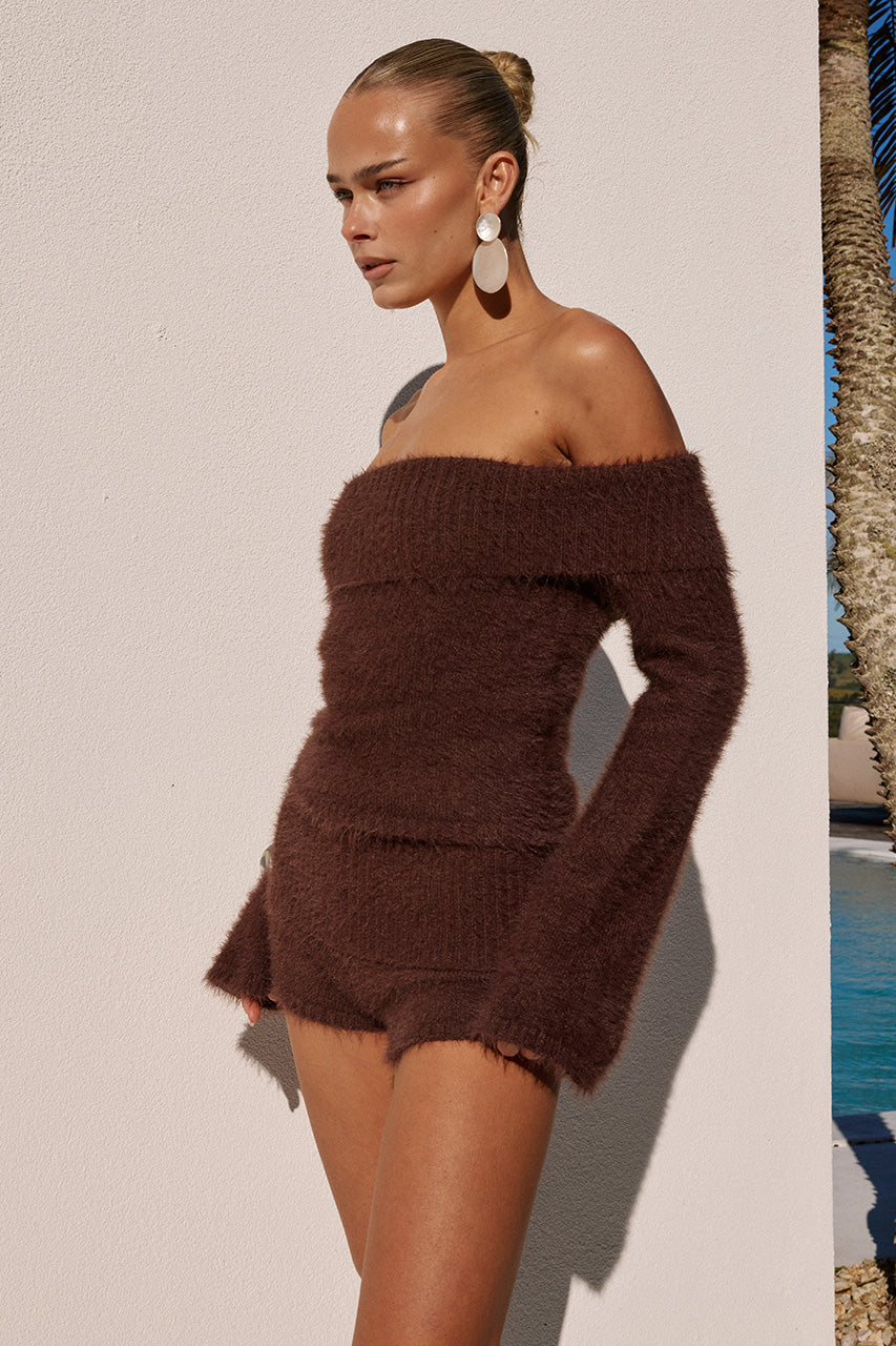 ANNELIESE OFF SHOULDER KNIT TOP - CHOCOLATE - ANNELIESEOFFSHOULDERKNITTOPXANNELIESEKNITHOTSHORT-CHOCOLATE