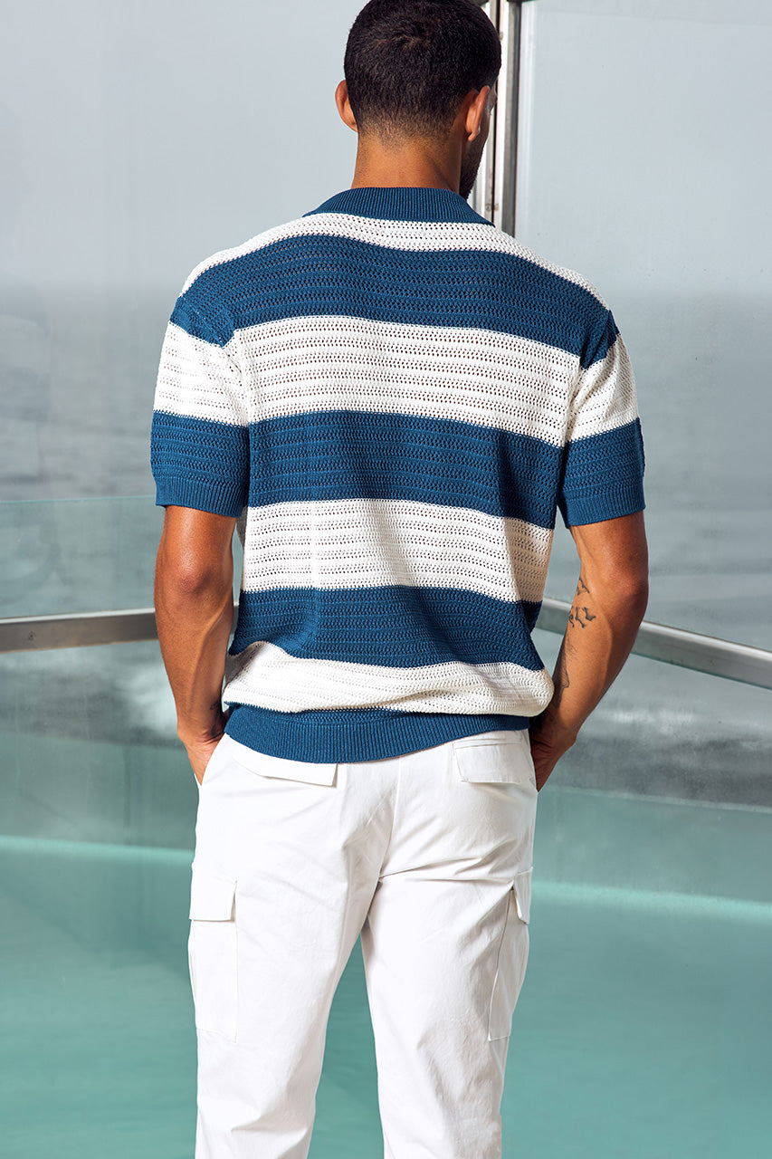 ANTONY ZIP POLO KNIT TOP - NAVY/WHITE STRIPE - ANTONYZIPPOLOKNITTOP-NAVY_WHITESTRIPEXCRUISETAPEREDCARGOPANT-WHITE