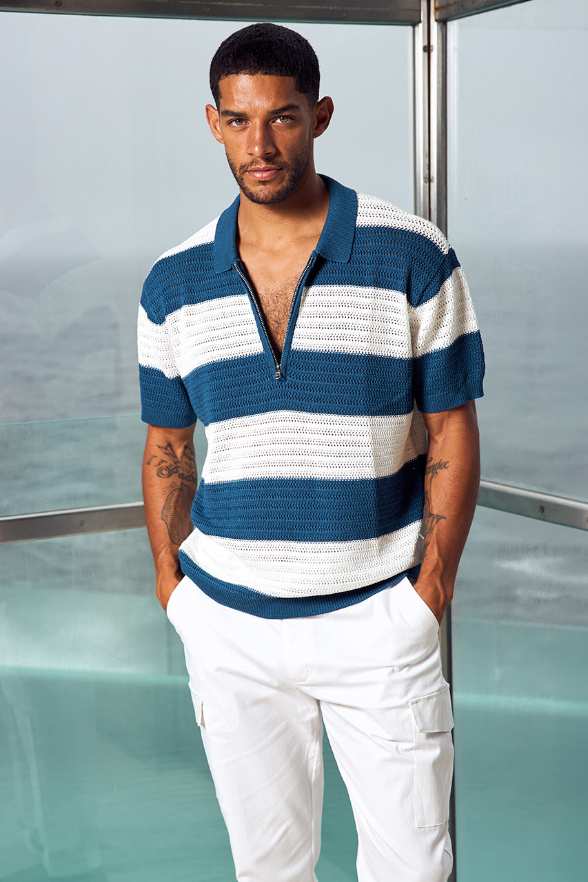 ANTONY ZIP POLO KNIT TOP - NAVY/WHITE STRIPE - ANTONYZIPPOLOKNITTOP-NAVY_WHITESTRIPEXCRUISETAPEREDCARGOPANT-WHITE_-1