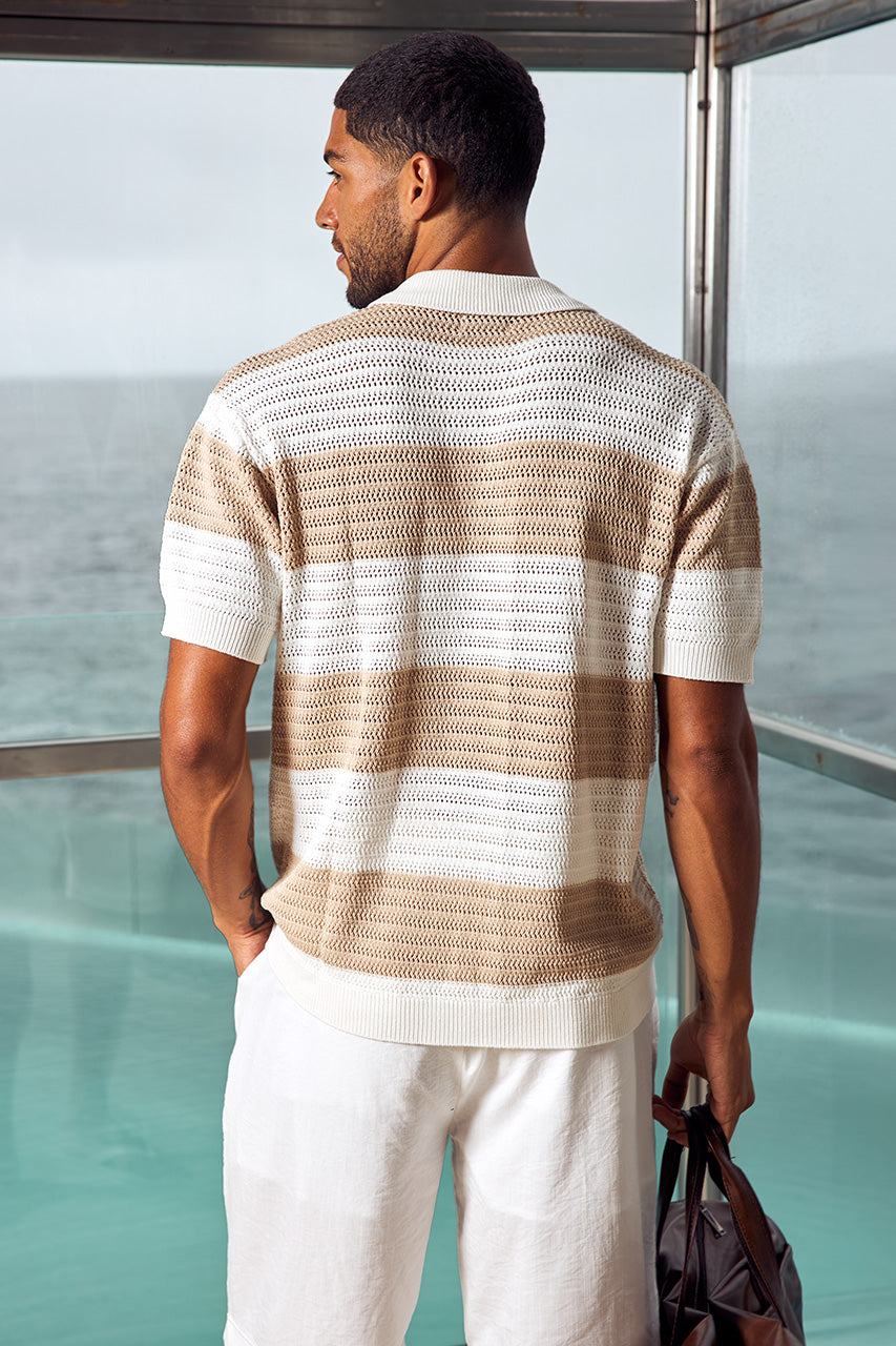 ANTONY ZIP POLO KNIT TOP - WHITE/SAND STRIPE