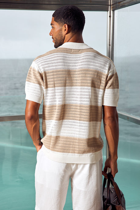 ANTONY ZIP POLO KNIT TOP - WHITE/SAND STRIPE