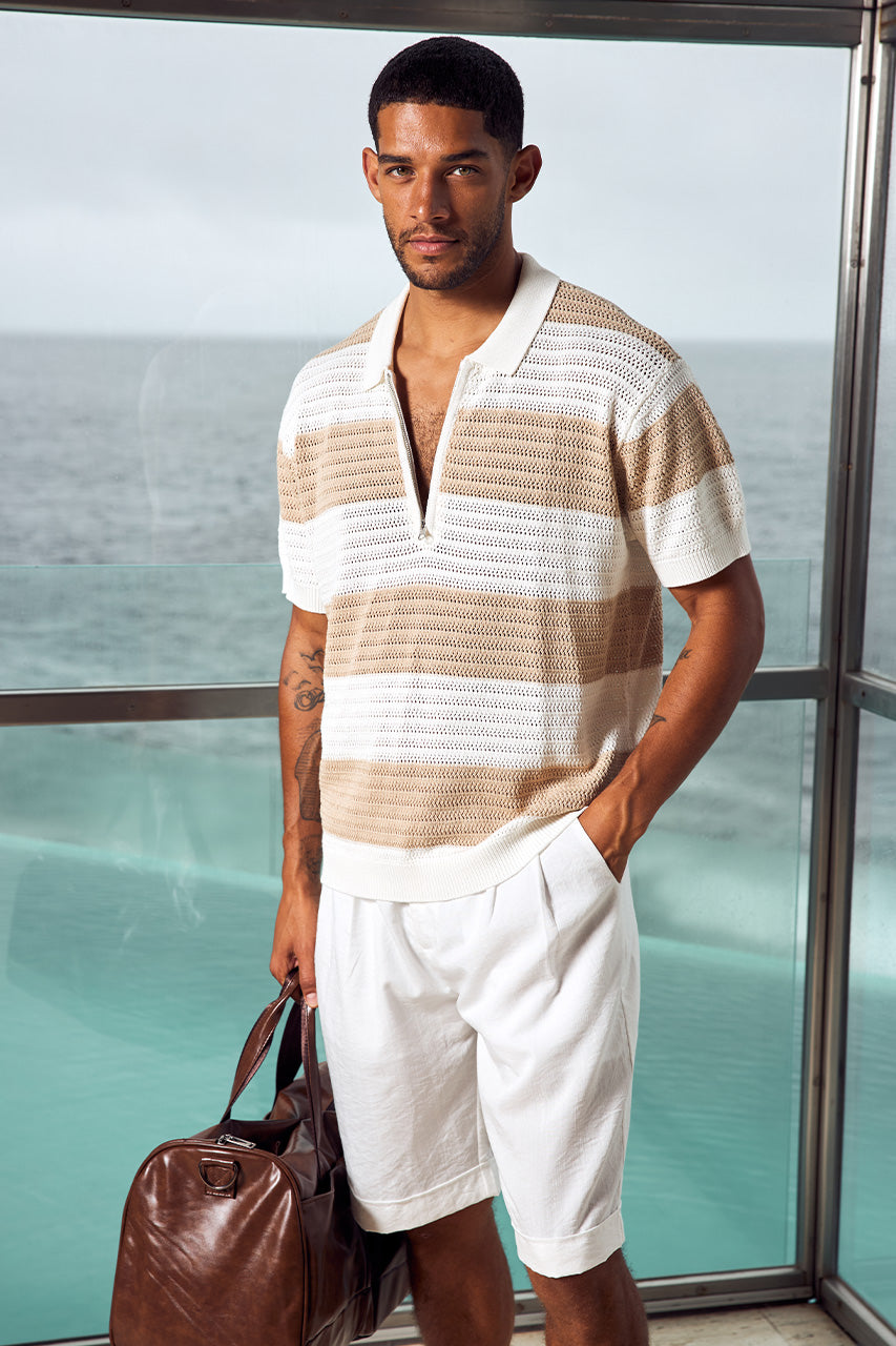 ANTONY ZIP POLO KNIT TOP - WHITE/SAND STRIPE - ANTONYZIPPOLOKNITTOP-SAND_WHITESTRIPEXFINLEYTAILOREDSHORTS-WHITE
