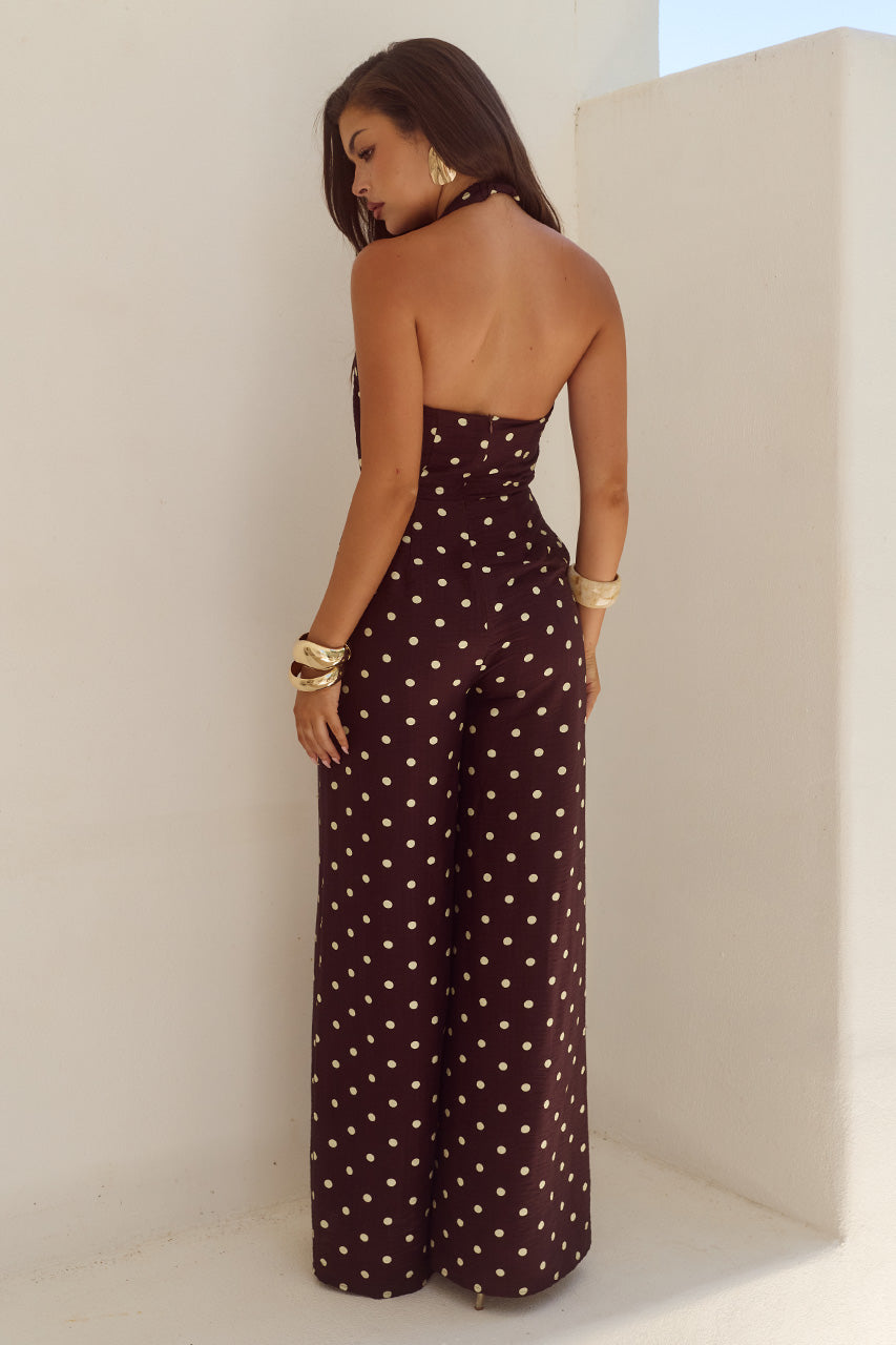 ARLETTE HALTER JUMPSUIT - CHOC/LEMON POLKA