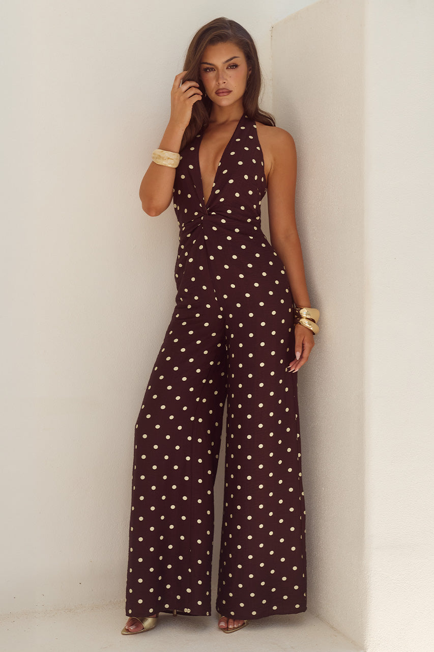 ARLETTE HALTER JUMPSUIT - CHOC/LEMON POLKA
