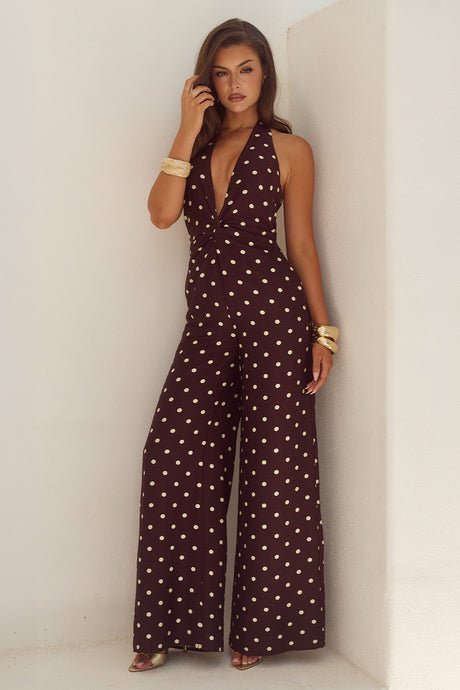 ARLETTE HALTER JUMPSUIT - CHOC/LEMON POLKA