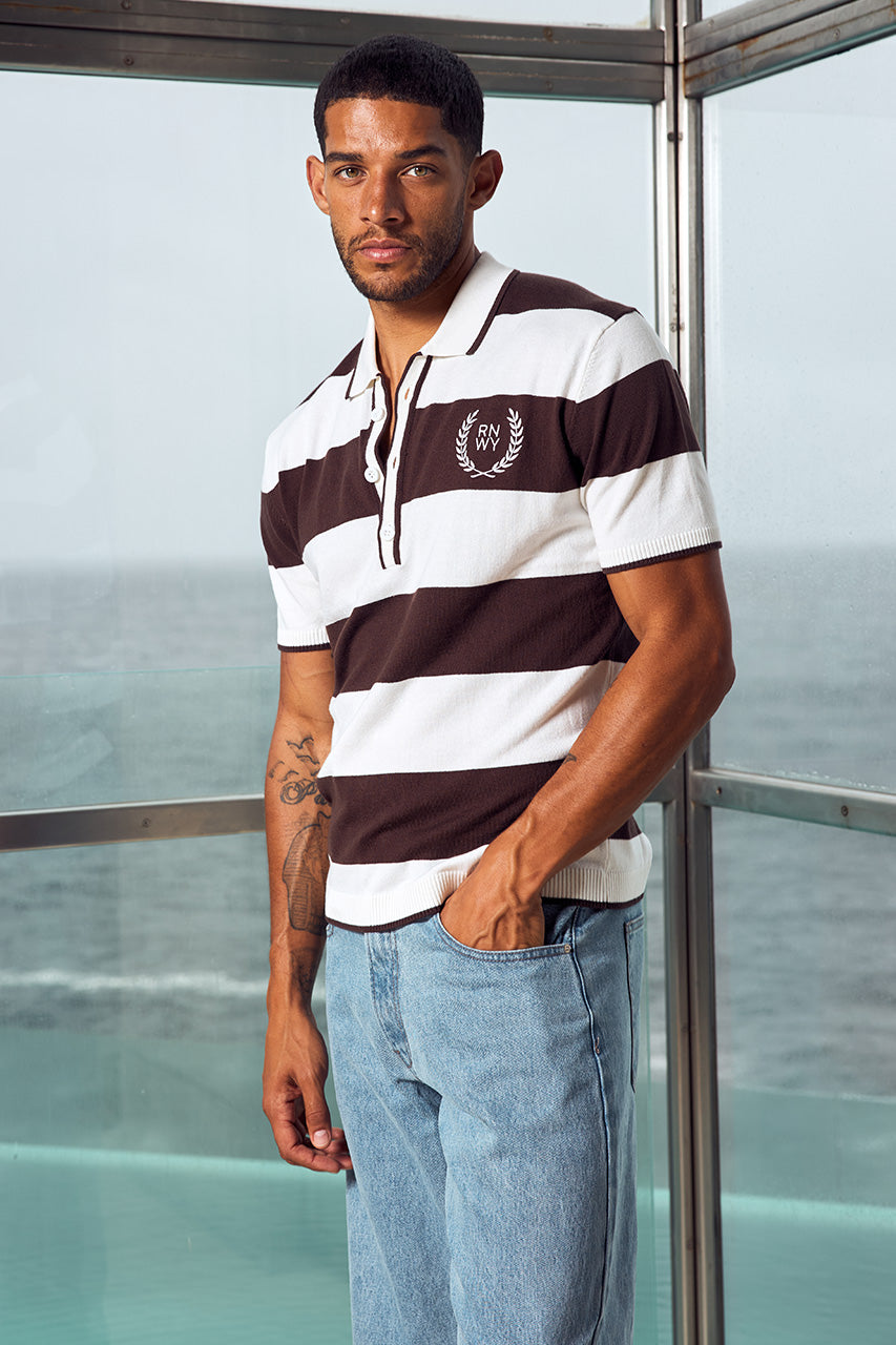 ASPIN SHORT SLEEVE POLO KNIT TOP - CHOCOLATE/WHITE