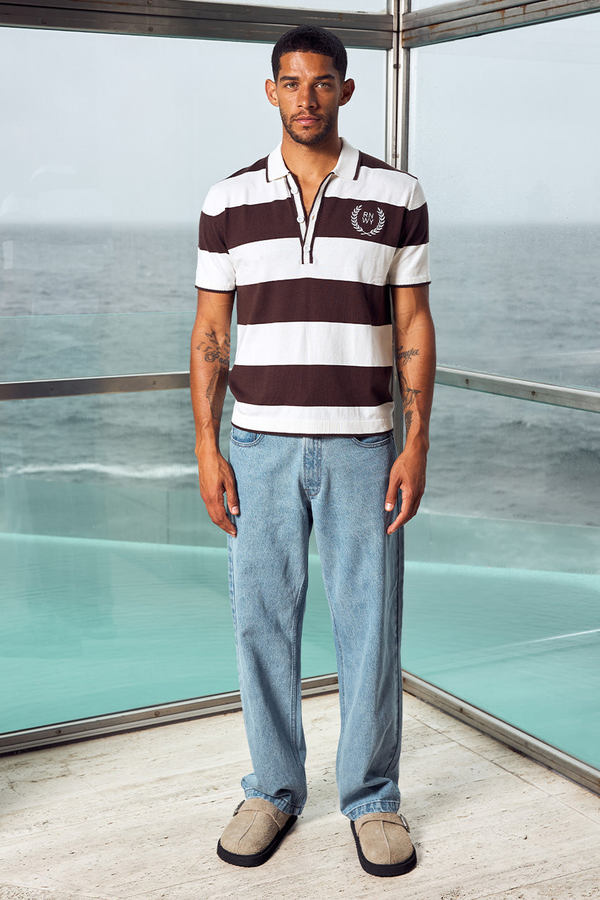 ASPIN SHORT SLEEVE POLO KNIT TOP - CHOCOLATE/WHITE - ASPINSHORTSLEEVEPOLOKNITTOP-CHOCOLATE_WHITE-3