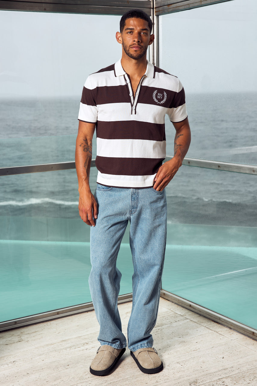 ASPIN SHORT SLEEVE POLO KNIT TOP - CHOCOLATE/WHITE - ASPINSHORTSLEEVEPOLOKNITTOP-CHOCOLATE_WHITE