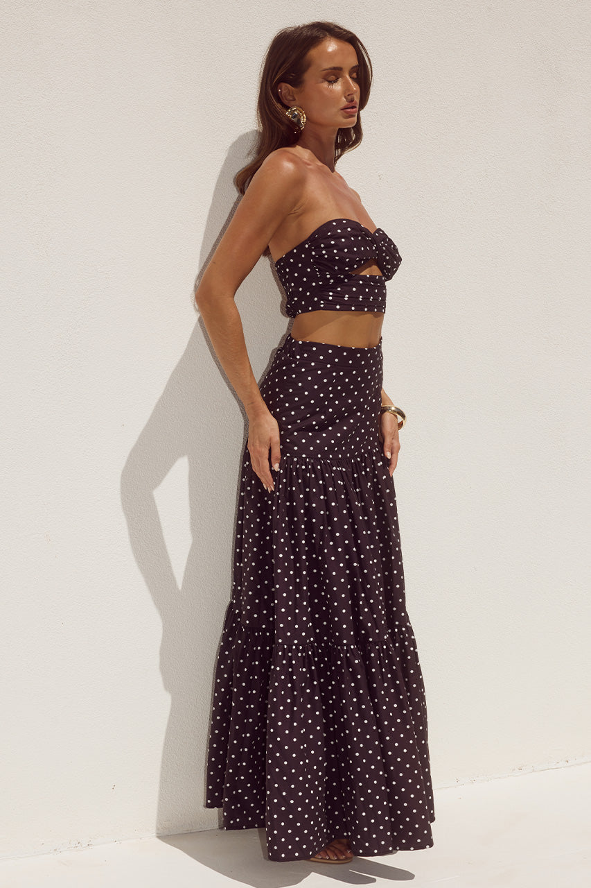 AYLA TIERED MAXI SKIRT - BLACK/WHITE POLKA - AYLASTRAPLESSTOPXAYLAMAXISKIRTBLACKANDCREAMPOLKA-4
