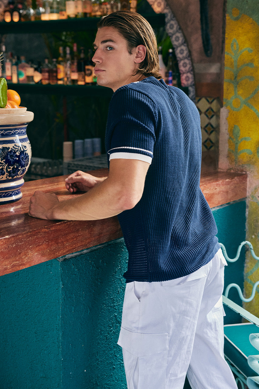 BENNET SHORT SLEEVE KNIT SHIRT - NAVY/WHITE - BENNETSHORTSLEEVEKNITSHIRT-NAVY_WHITEXCRUISETAPEREDCARGOPANT-WHITE-2