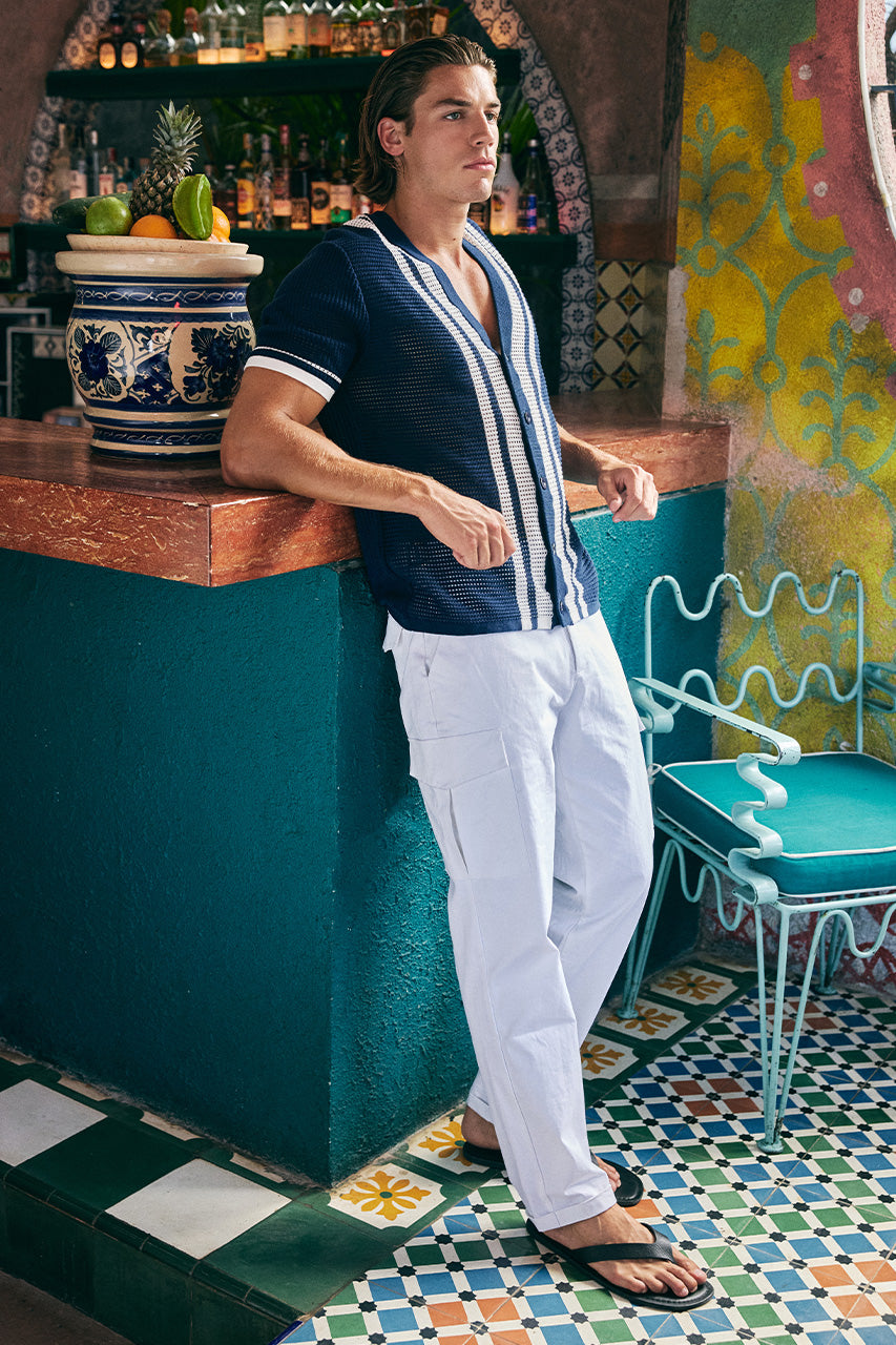 BENNET SHORT SLEEVE KNIT SHIRT - NAVY/WHITE - BENNETSHORTSLEEVEKNITSHIRT-NAVY_WHITEXCRUISETAPEREDCARGOPANT-WHITE-3