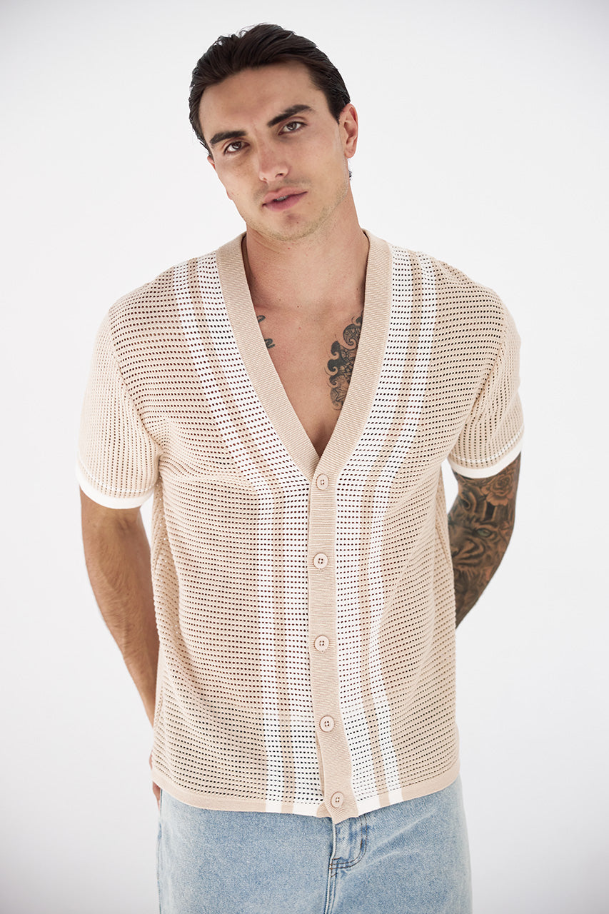 BENNET SHORT SLEEVE KNIT SHIRT - SAND/WHITE - BENNETSHORTSLEEVEKNITSHIRT-SANDWHITE