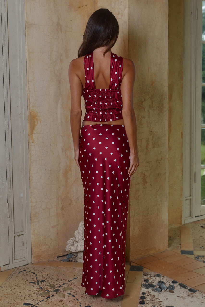 BLAINE LOW WAIST MAXI SKIRT - CHERRY/WHITE POLKA - BLAINEREVERSEHALTERTOPXBLAINELOWWAISTMAXISKRIT-CHERRYANDWHITE_-06