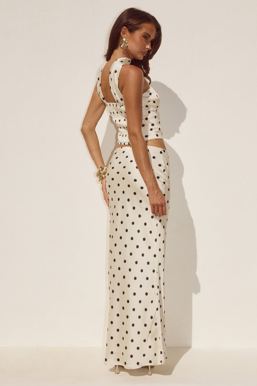 BLAINE LOW WAIST MAXI SKIRT - CREAM/BLACK POLKA - BLAINEREVERSEHALTERTOPXLOWWAISTMAXISKIRT-2_8f2df5a1-fbd6-4f50-86f0-015cb4a11ec0