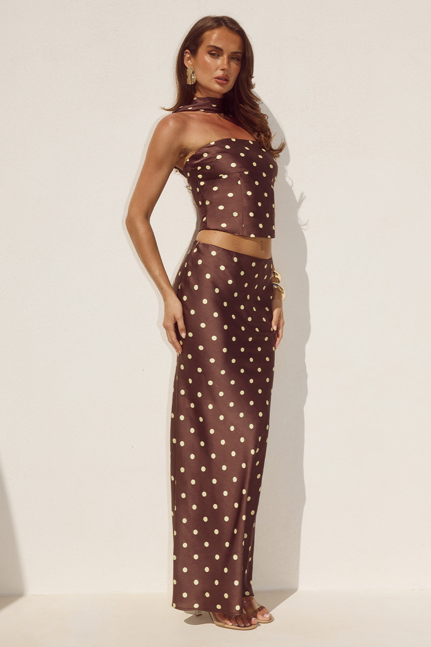 BLAINE LOW WAIST MAXI SKIRT - CHOC/LEMON POLKA - BLAINEREVERSEHALTERTOPXLOWWAISTMAXISKIRT-CHOCLEMONPOLKA_-2