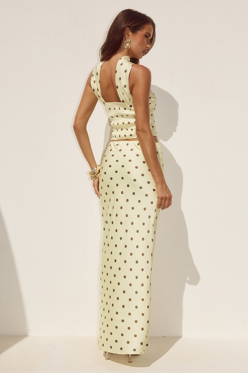 BLAINE LOW WAIST MAXI SKIRT - LEMON/CHOC POLKA - BLAINEREVERSEHALTERTOPXLOWWAISTMAXISKIRT-LEMON_CHOCPOLKA-2