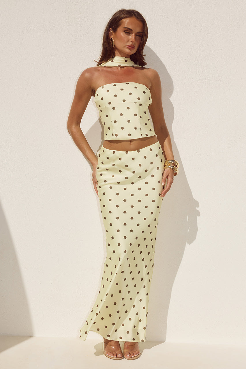 BLAINE LOW WAIST MAXI SKIRT - LEMON/CHOC POLKA - BLAINEREVERSEHALTERTOPXLOWWAISTMAXISKIRT-LEMON_CHOCPOLKA
