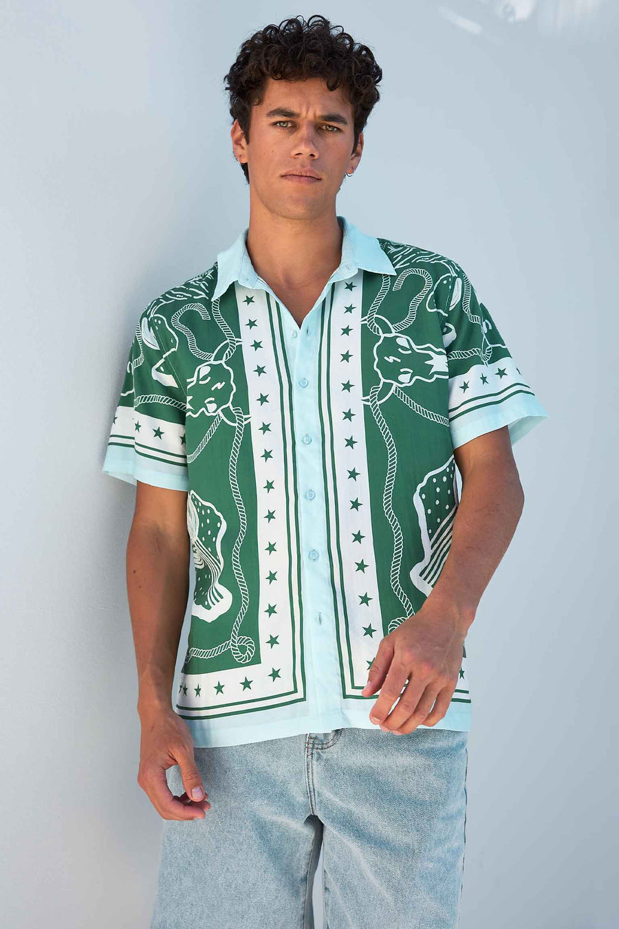 BUCK SHORT SLEEVE SHIRT - BUCK KHAKI/BLUE - BUCKSHORTSLEEVESHIRT-GREENWHITE-2