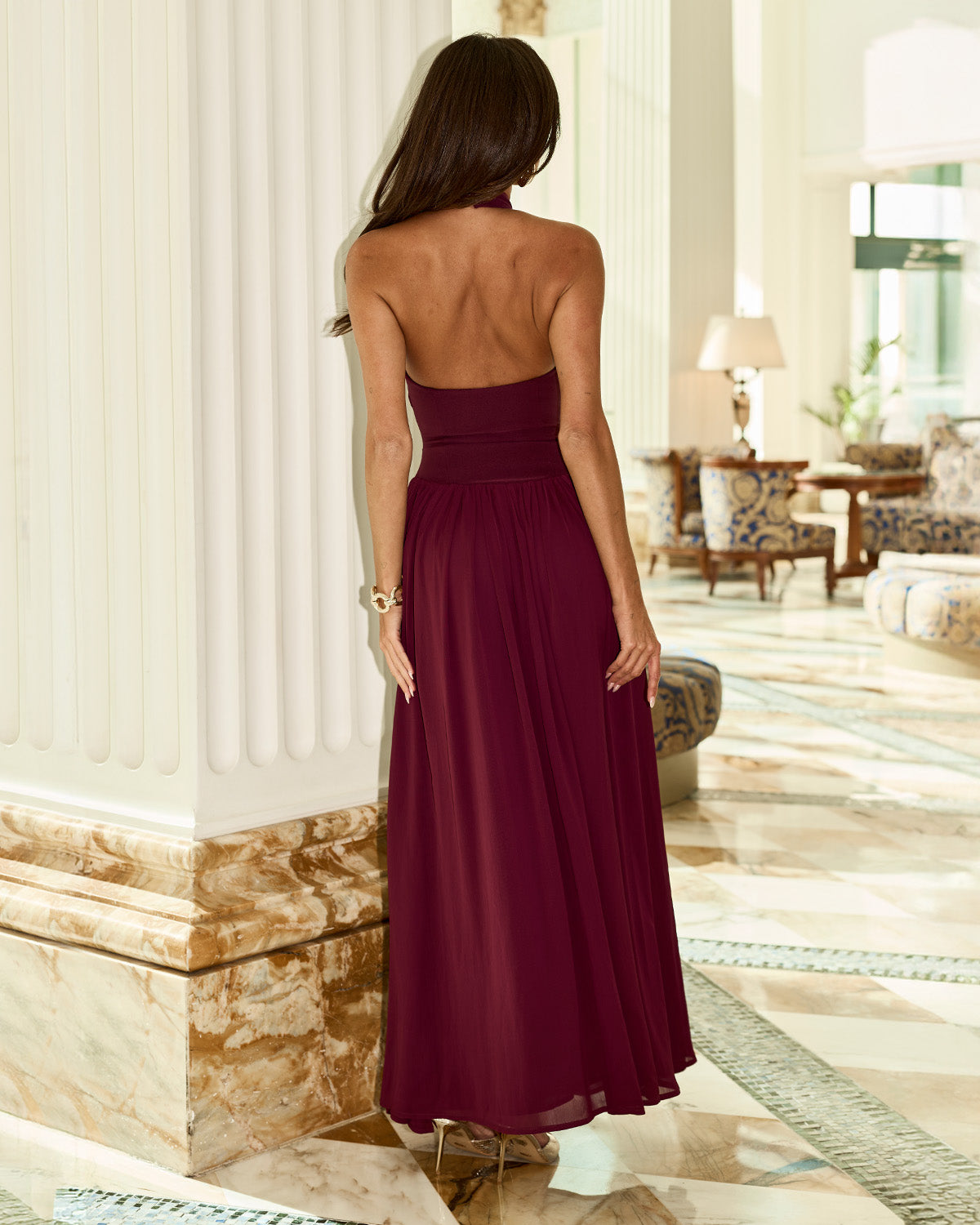 CALIANA HIGH NECK MAXI DRESS - PLUM