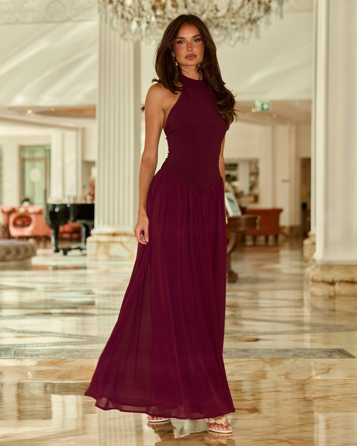 CALIANA HIGH NECK MAXI DRESS - PLUM