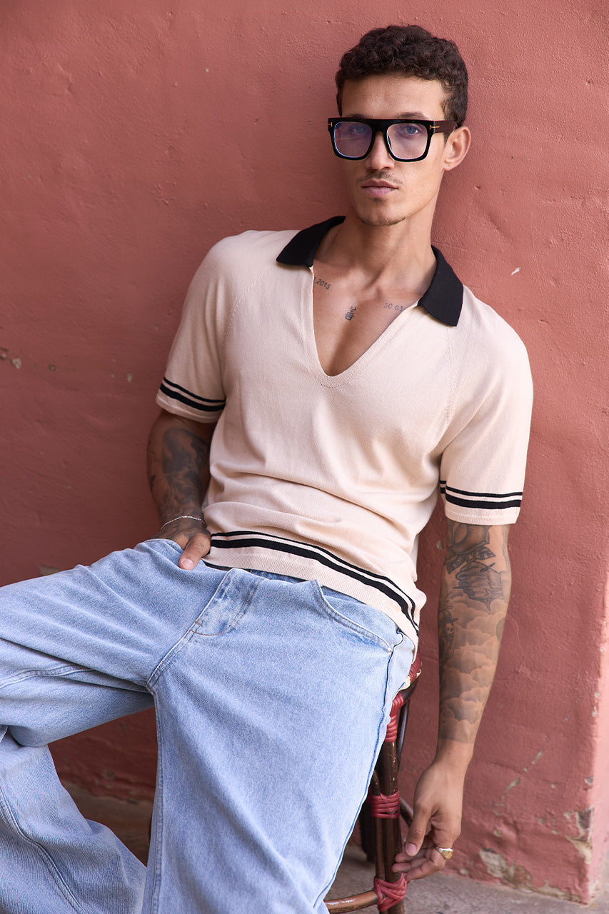 CARSON RAGLAN SLEEVE KNIT TOP  - SAND/BLACK