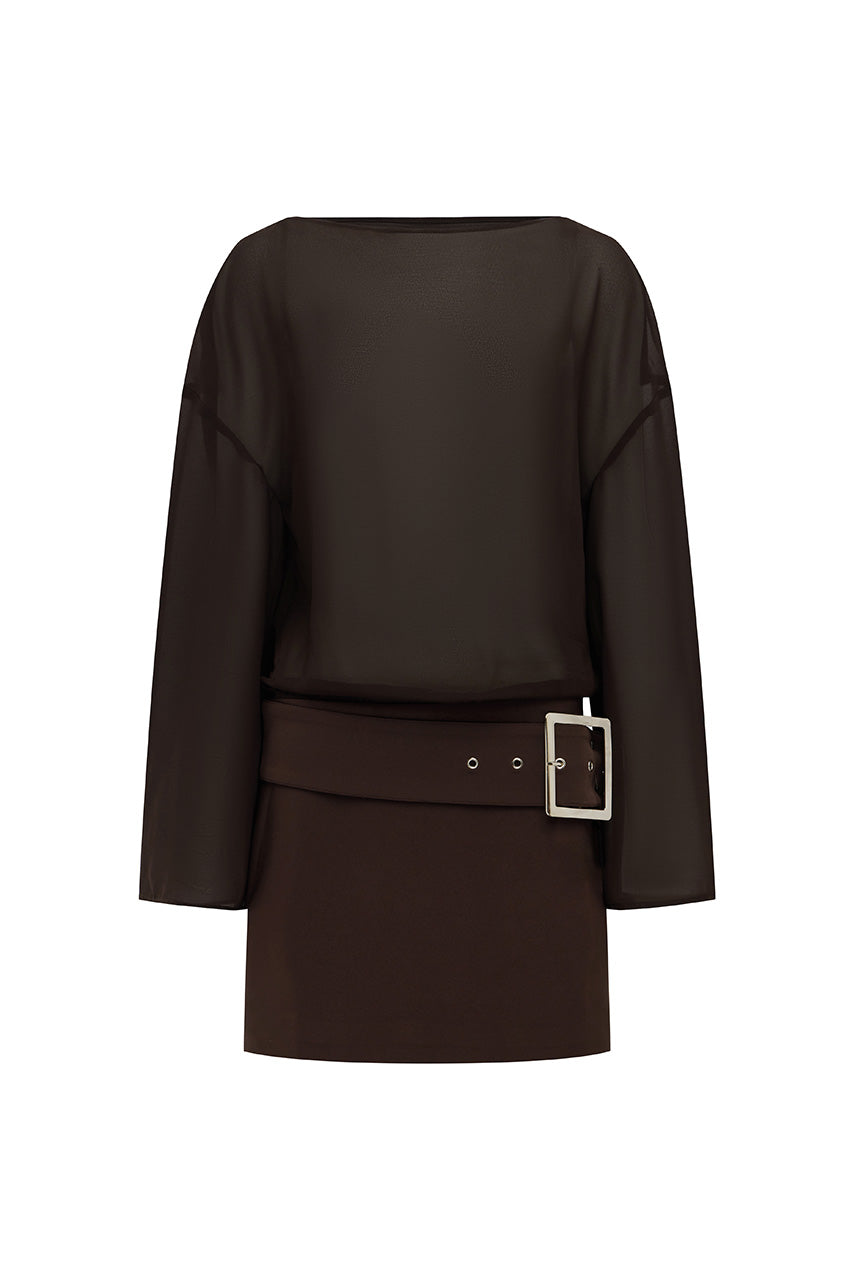 DARIA BOAT NECK MINI DRESS - CHOCOLATE