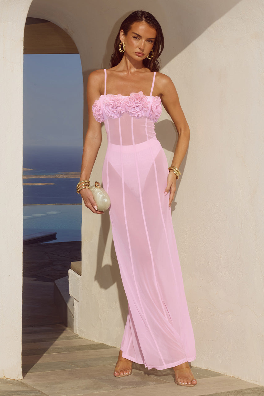 DEMI SHEER FLOWER TRIM MAXI DRESS & BELLA BRIEF - MUSK