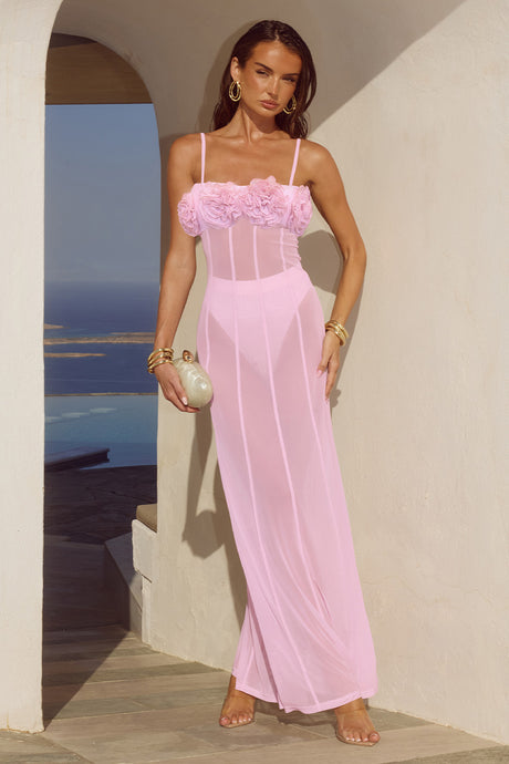 DEMI SHEER FLOWER TRIM MAXI DRESS & BELLA BRIEF - MUSK