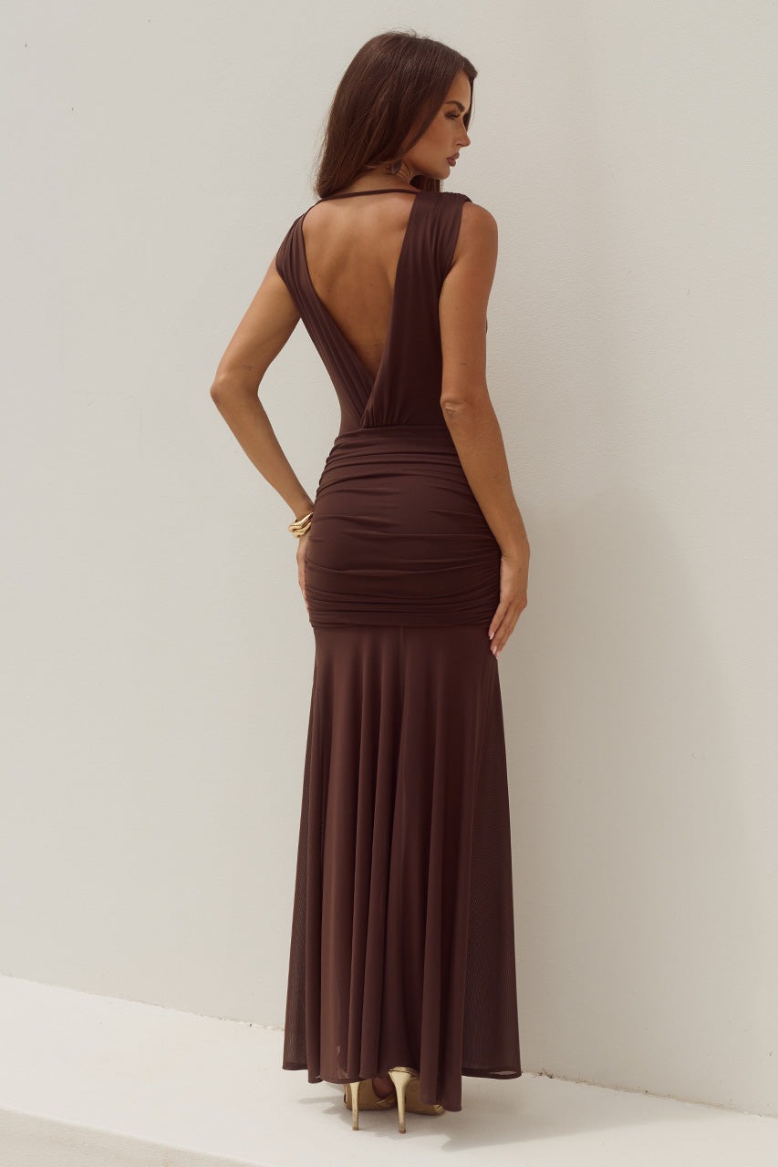 DESERAE LOW PLUNGE MAXI DRESS - CHOCOLATE