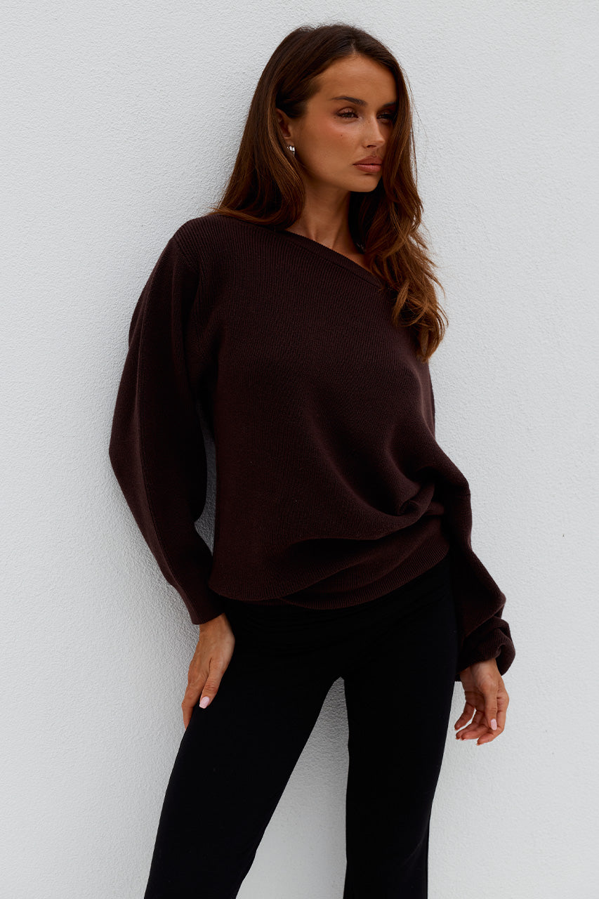DIONNE OFF SHOULDER KNIT SWEATER - CHOCOLATE XXL - DIONNEOFFSHOULDERKNITSWEATER-CHOCOLATE-3