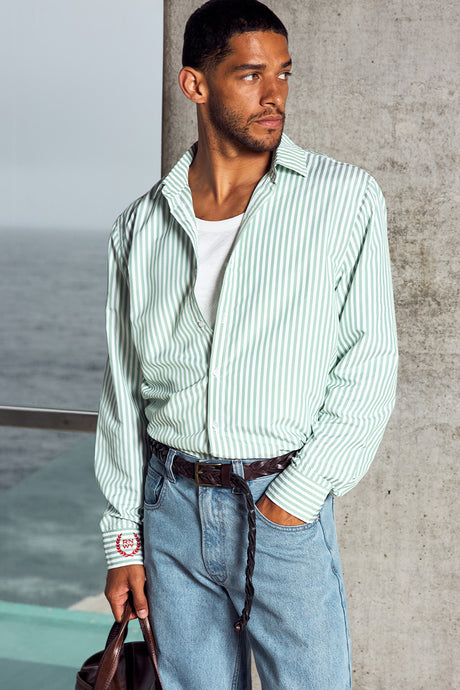 DREW LONG SLEEVE SHIRT - SAGE STRIPE