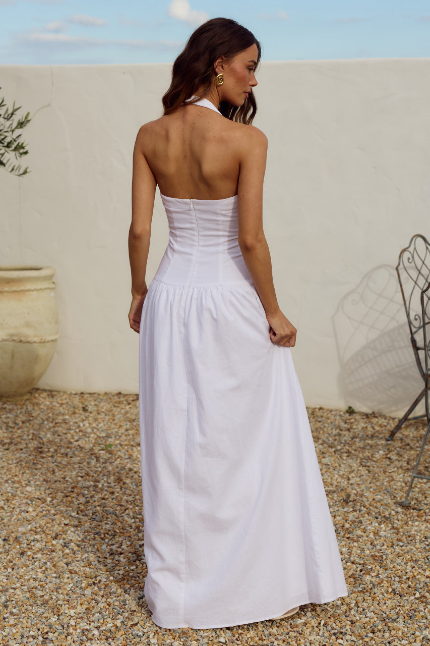 ELOISE DROP WAIST HALTER MAXI DRESS - WHITE