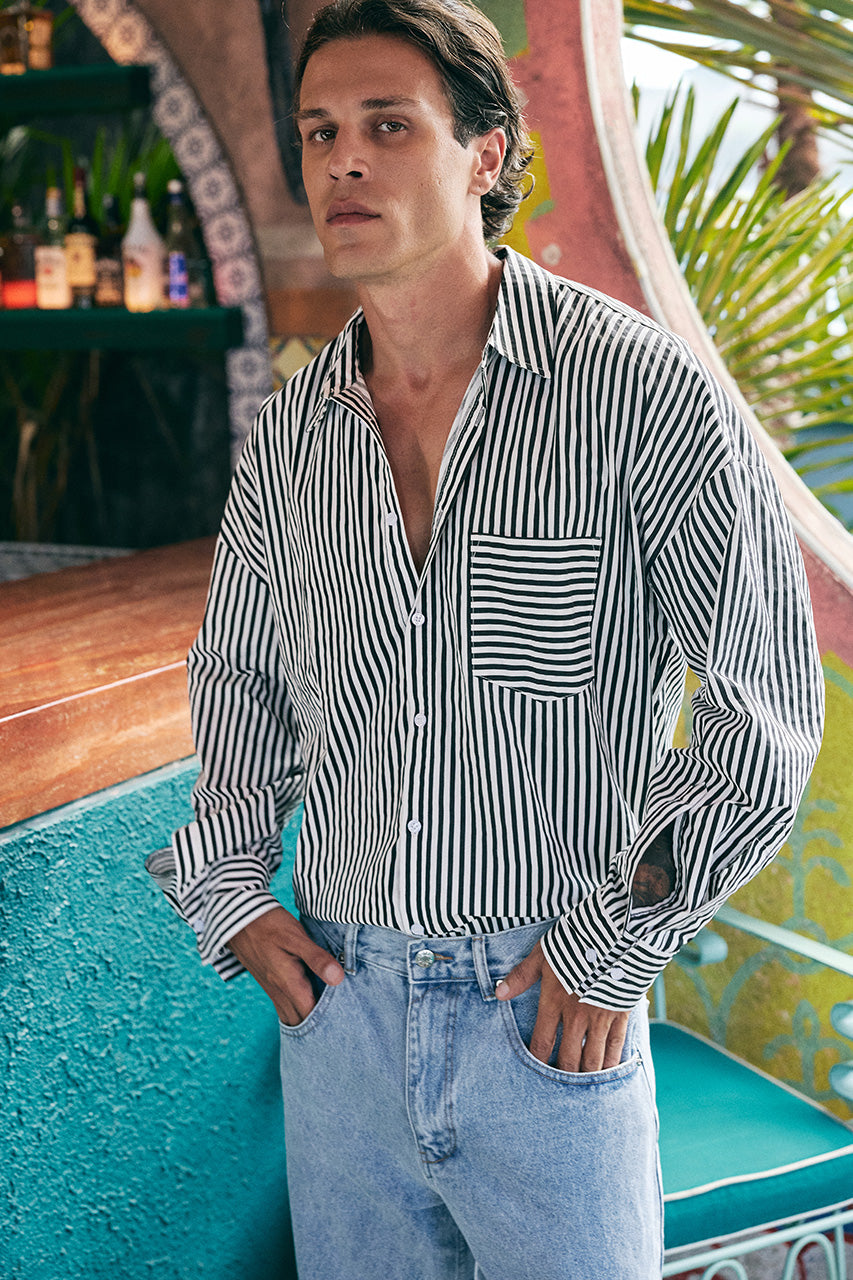 ESTVAN LONG SLEEVE SHIRT - PINSTRIPE BLACK/WHITE - ESTVANLONGSLEEVESHIRT-PINSTRIPEBLACKWHITEXNICOLOWIDELEGJEANS-BLUEMIDWASH-3