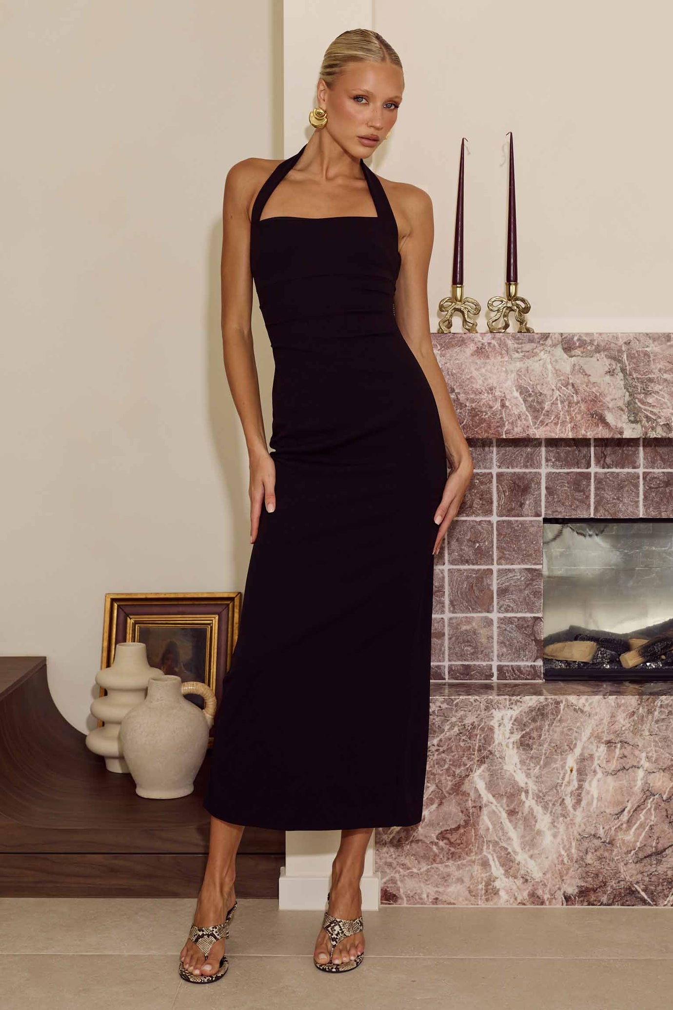 FRANCA HALTER MIDI DRESS - BLACK