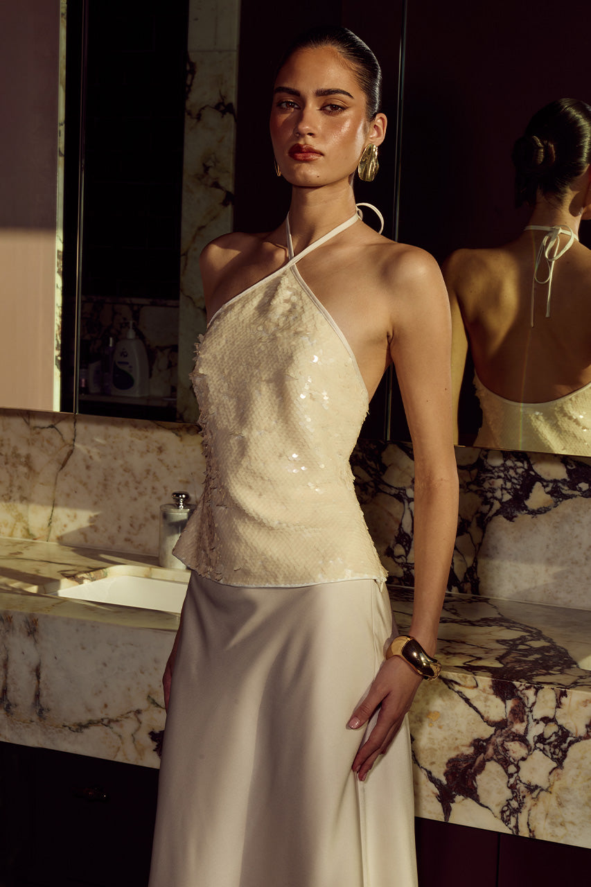 FRANCES HALTER SEQUIN TOP - PEARL