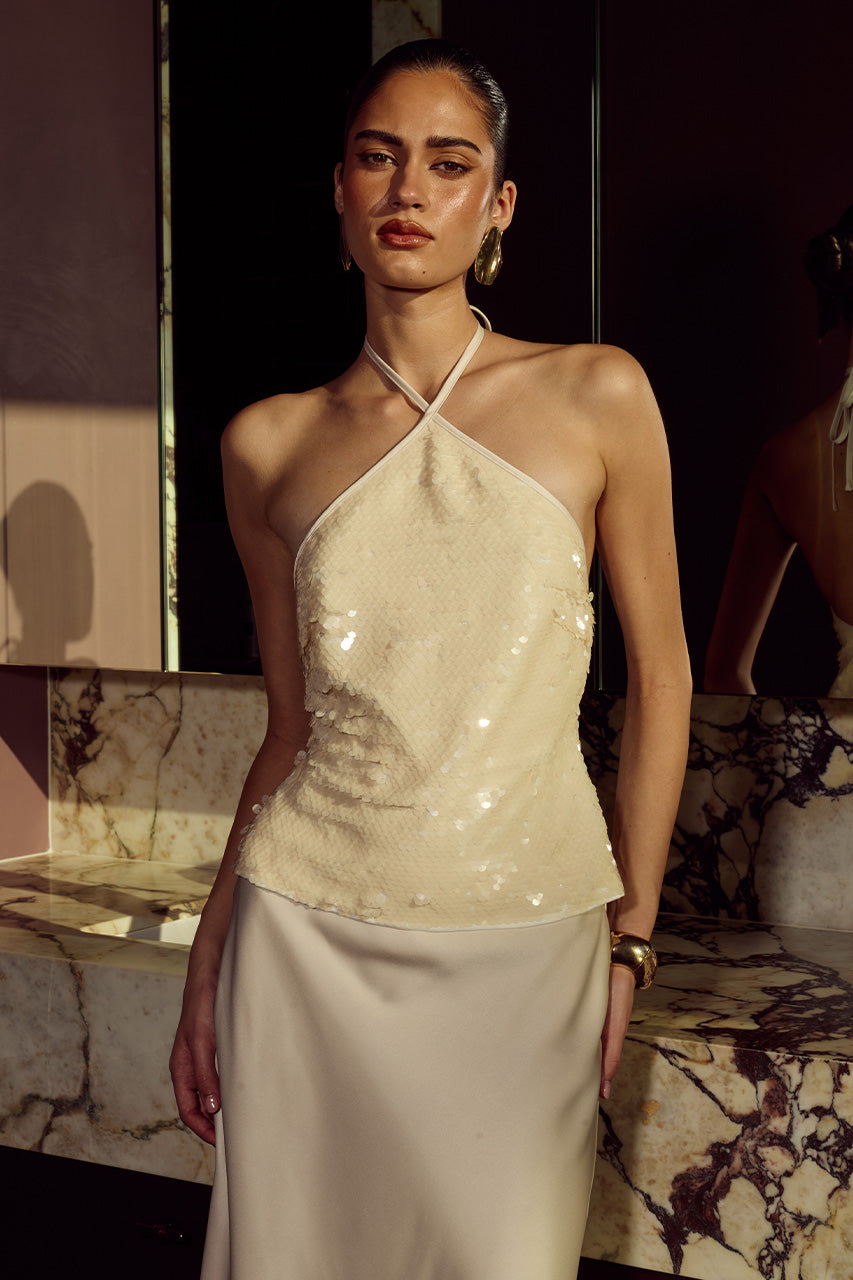 FRANCES HALTER SEQUIN TOP - PEARL