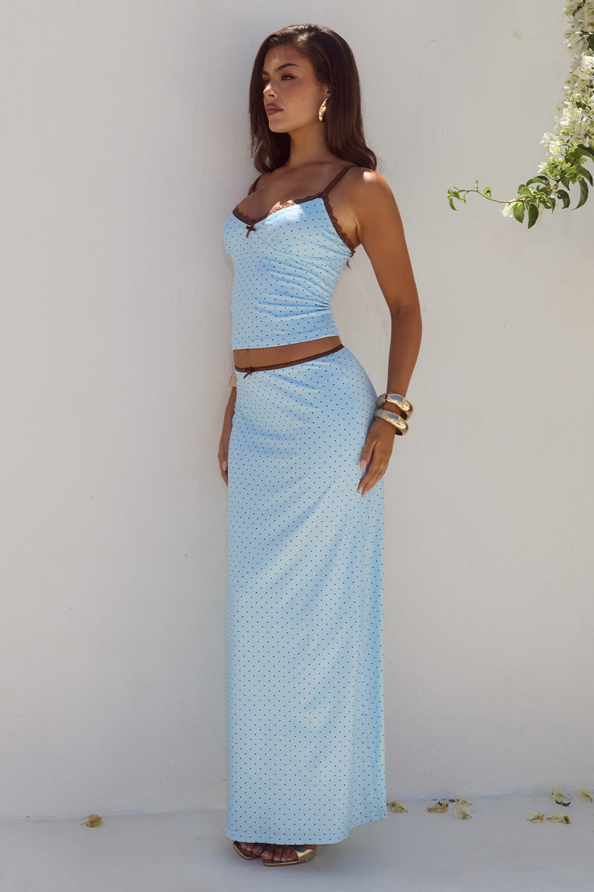 GEORGINA LOW WAIST MAXI SKIRT - SKY BLUE/CHOC POLKA - GEORGINALACECAMISOLETOPXGEORGINALOWWAISTMAXISKIRT-SKYBLUECHOCPOLKA-01