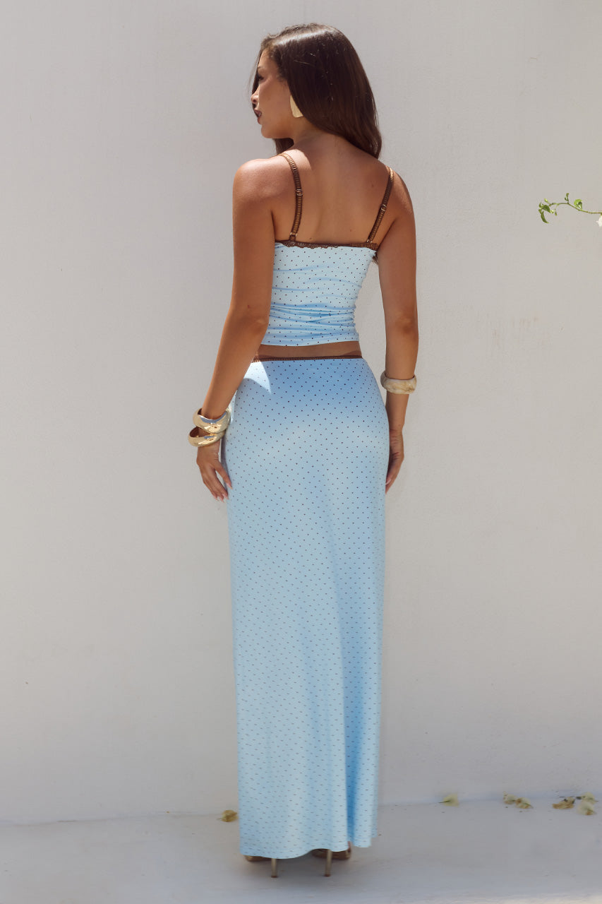 GEORGINA LOW WAIST MAXI SKIRT - SKY BLUE/CHOC POLKA - GEORGINALACECAMISOLETOPXGEORGINALOWWAISTMAXISKIRT-SKYBLUECHOCPOLKA-06