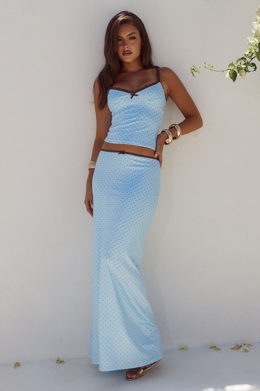 GEORGINA LOW WAIST MAXI SKIRT - SKY BLUE/CHOC POLKA