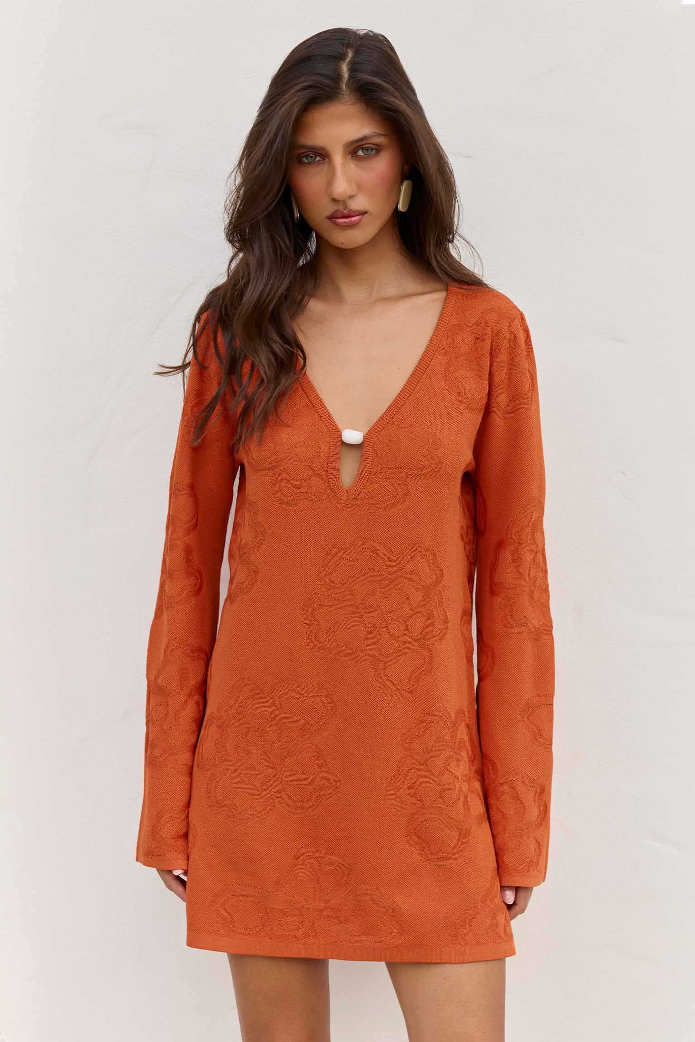 INFERNO LONG SLEEVE KNIT MINI DRESS - ORANGE