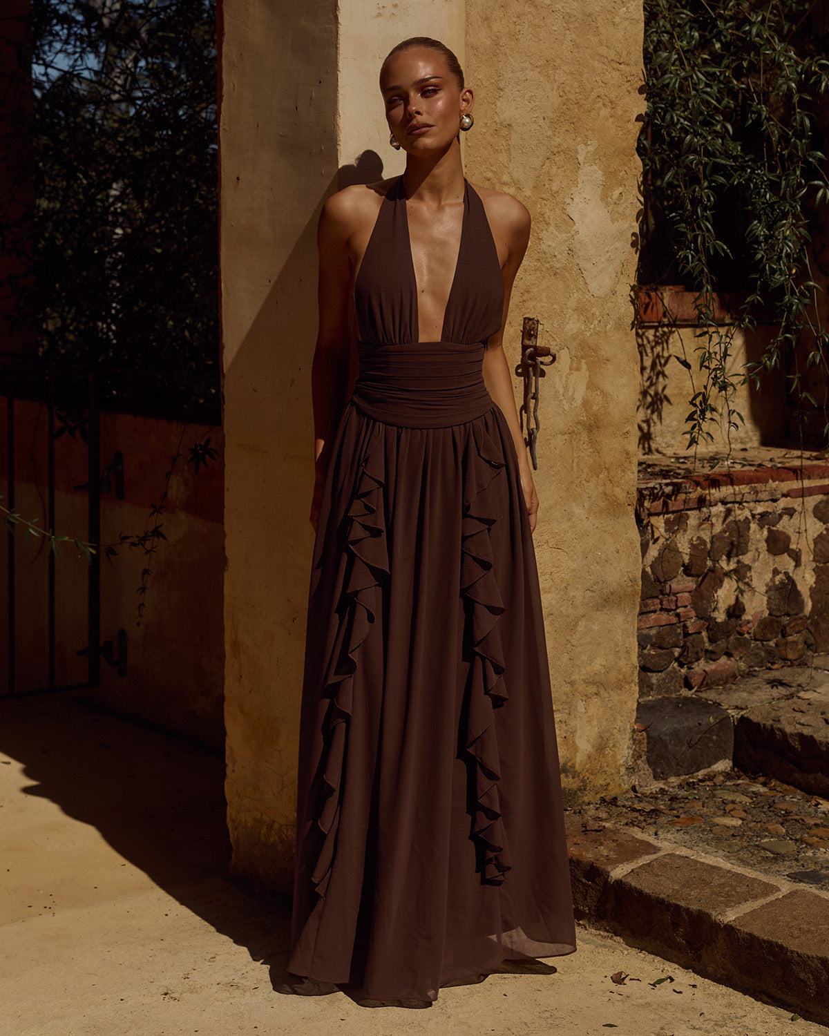 ISOLINA HALTER CORSET MAXI DRESS - CHOCOLATE