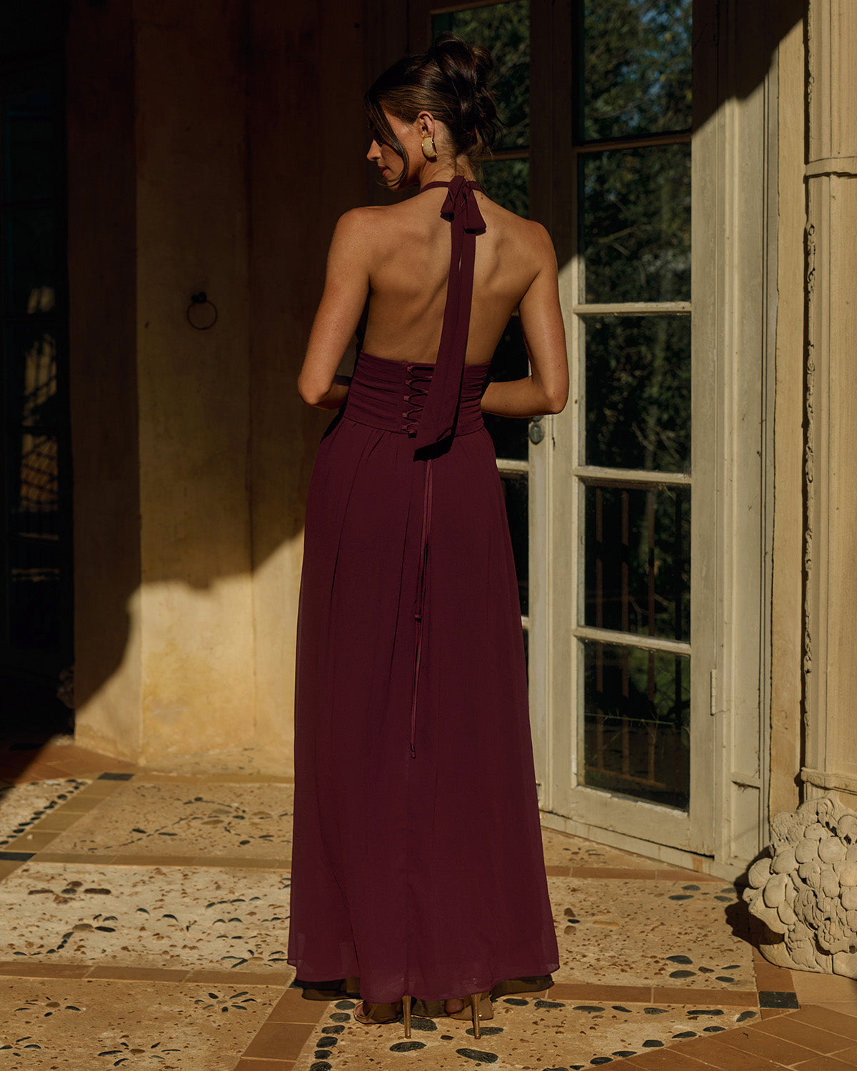ISOLINA HALTER CORSET MAXI DRESS - PLUM
