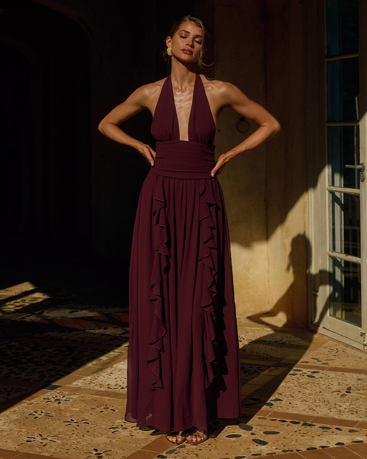 ISOLINA HALTER CORSET MAXI DRESS - PLUM