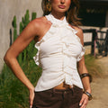 IVY HIGH NECK RUFFLE TOP - PEARL